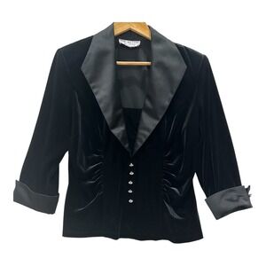 JR Nites by Carol Lin Black Velvet Evening Jacket Satin Trim Rhinestone Buttons